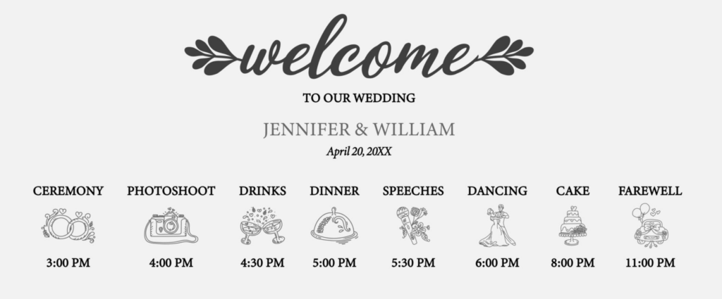 Wedding reception timeline showing how long dancing lasts at a wedding